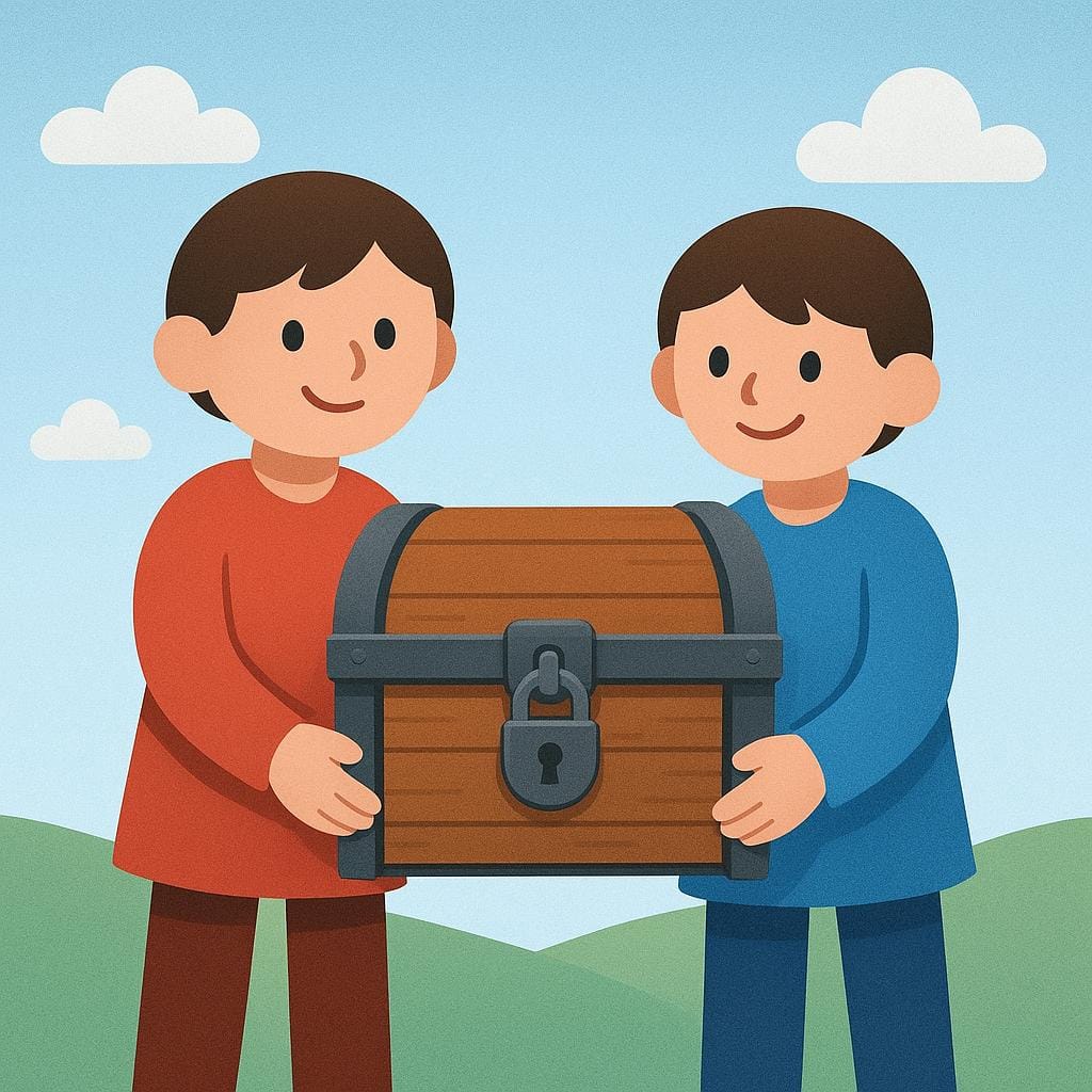 Une illustration simplifiée montrant deux personnages tenant joyeusement un grand coffre au trésor coloré qu'ils viennent d'obtenir.