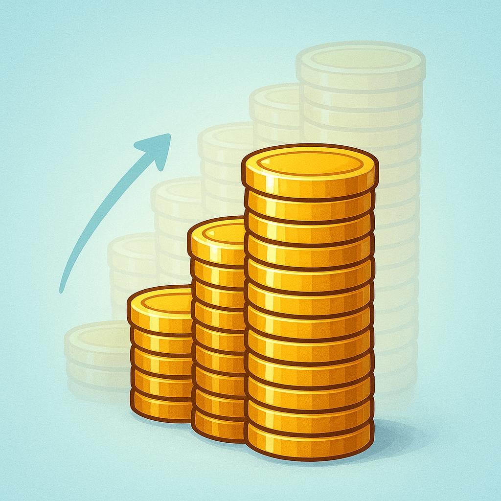 A tall stack of gold coins showing a significant increase in amount.