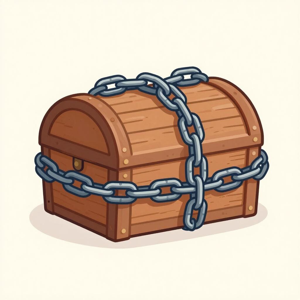 Une lourde chaîne en métal enroulée autour d'une vieille malle en bois.