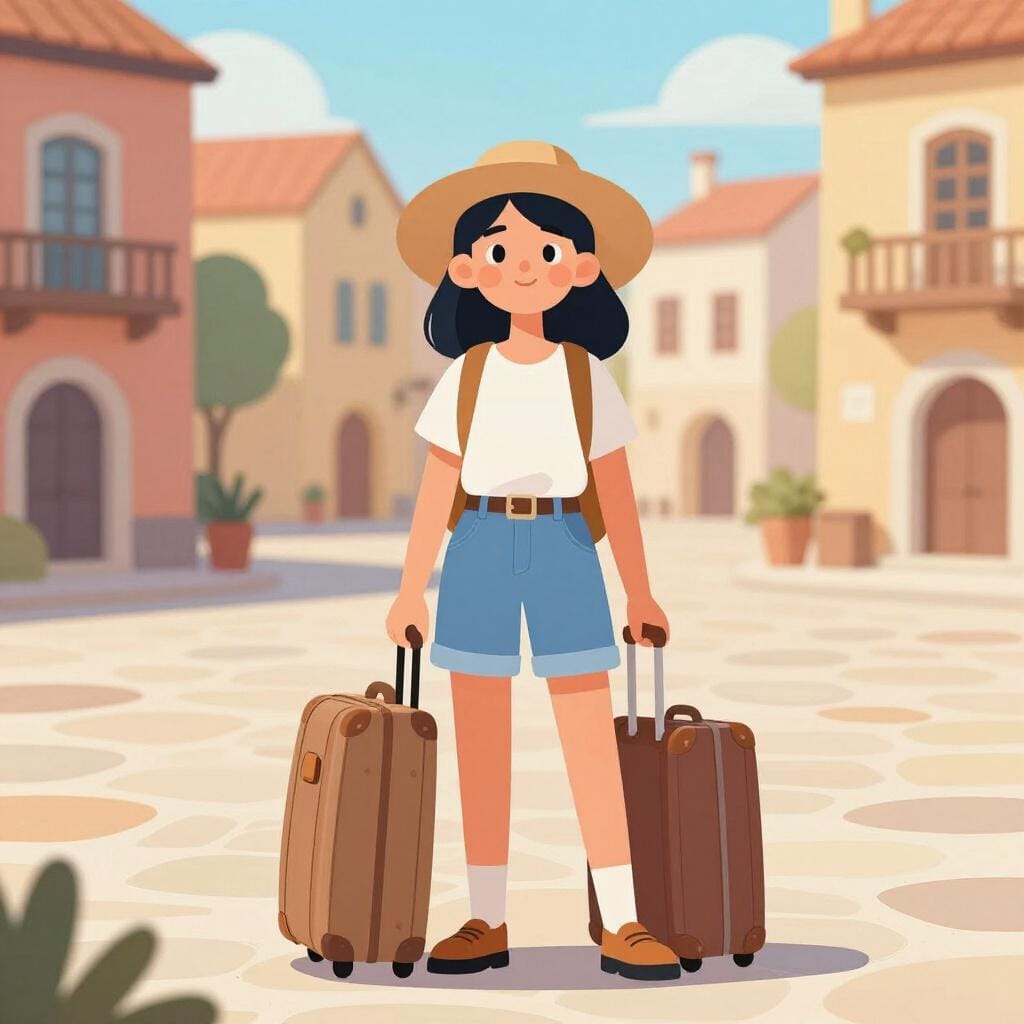 A woman holding a travel suitcase and a camera, looking at a city map in a town square.