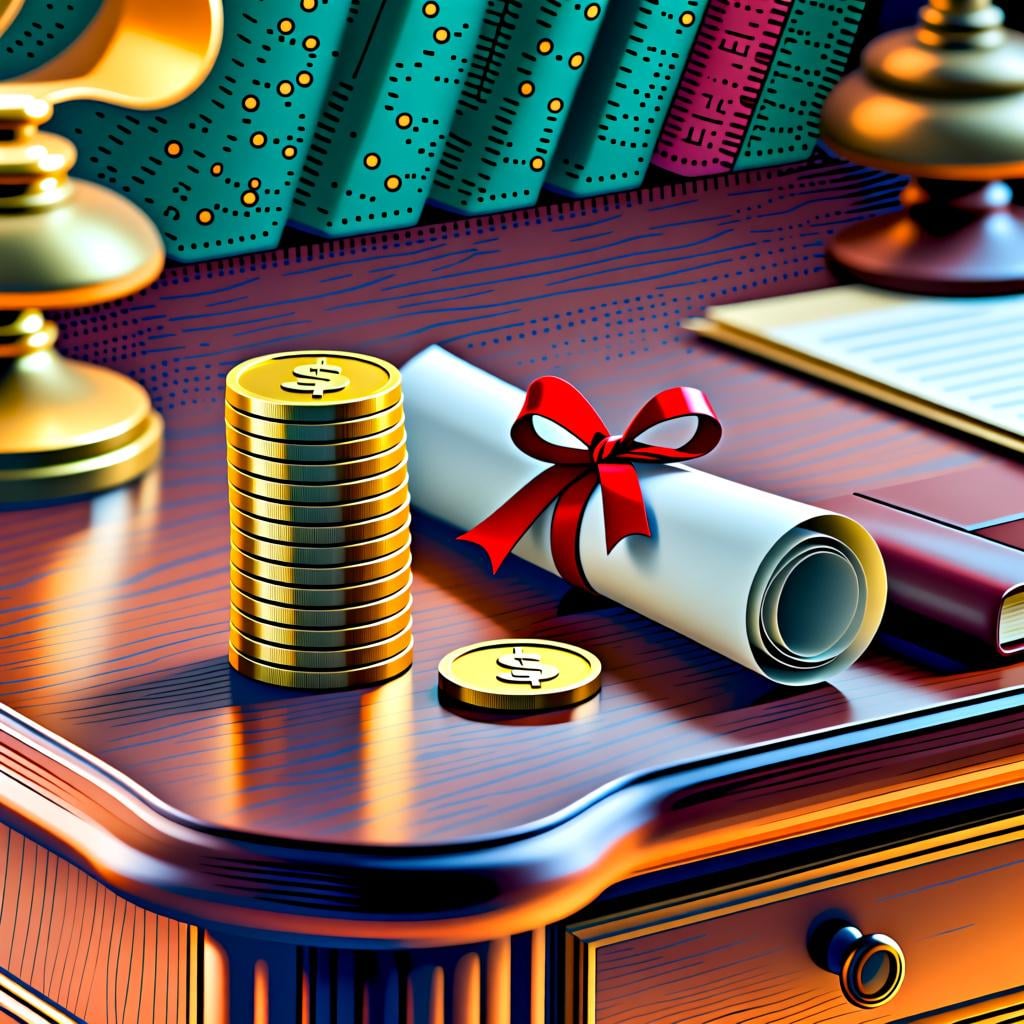 A stack of gold coins and some official-looking documents tied with a ribbon, representing personal assets.