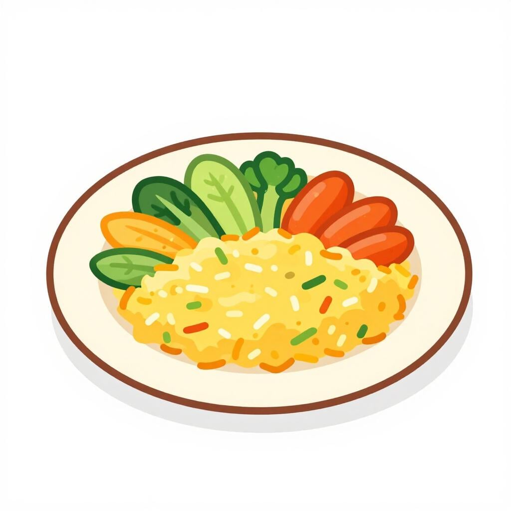 A colorful ceramic plate holding a serving of steaming hot paella with vegetables and shrimp.