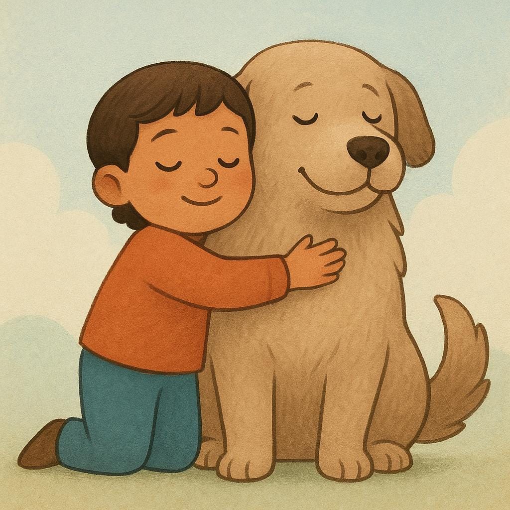 A heartwarming illustration of a child hugging a large, loyal dog affectionately, symbolizing deep devotion.