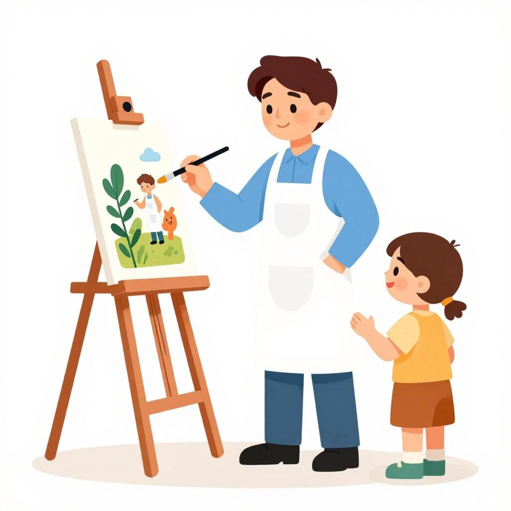 A child watching an artist paint, then picking up a brush to mimic the artist's technique on their own canvas.