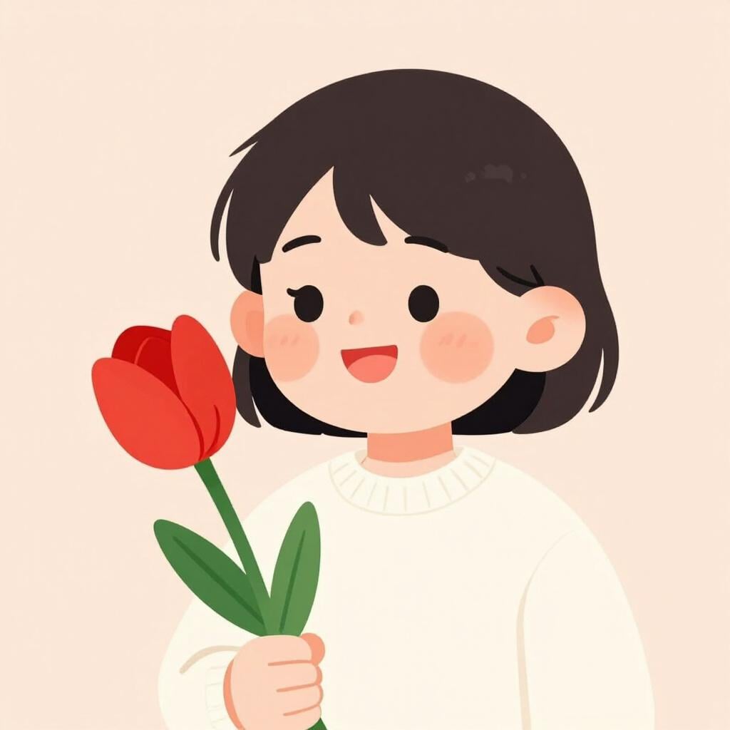 暖かく微笑み、頬をバラ色に染め、明るい一輪の花を手に、嬉しそうに驚き喜んでいる人の様子。