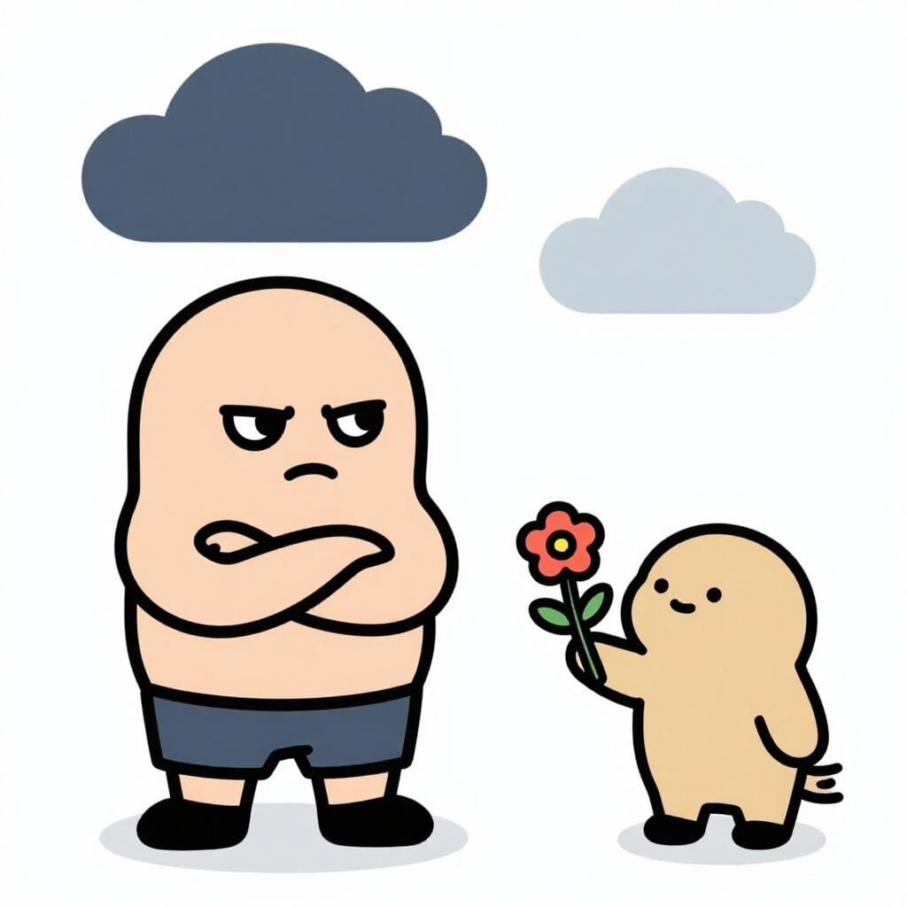 腕を組み、不機嫌そうな表情でそっぽを向いている人に、贈り物を差し出そうとしている様子。