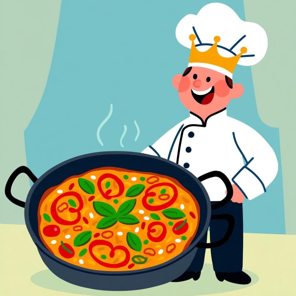 A proud chef wearing a golden crown on top of his cooking hat, standing next to a perfect dish, symbolizing mastery.