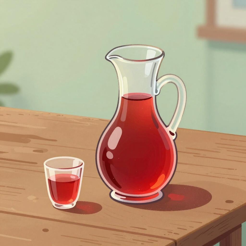 A small decorative glass bottle filled with a bright red liquid sitting on a wooden table.