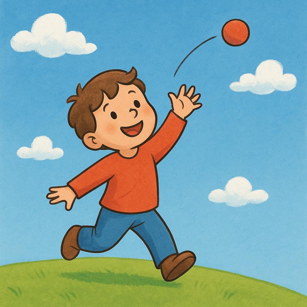 Uma criança jogando alegremente uma pequena bola vermelha para o alto no céu azul.