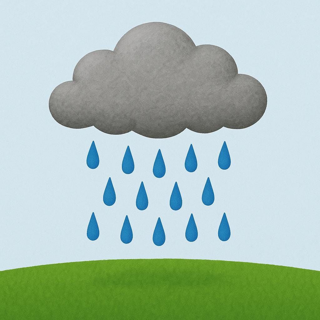 Eine einfache flauschige graue Wolke schwebt am Himmel, mit stilisierten blauen Regentropfen, die gerade nach unten auf grünes Gras fallen.