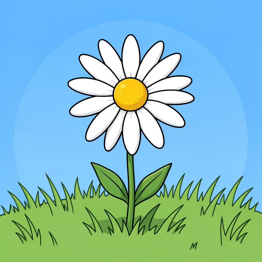 Eén enkele witte madelief met een helder geel hartje aan een groene steel.