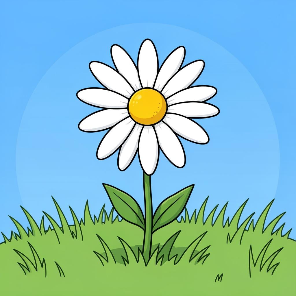 A single white daisy with a bright yellow center on a green stem.