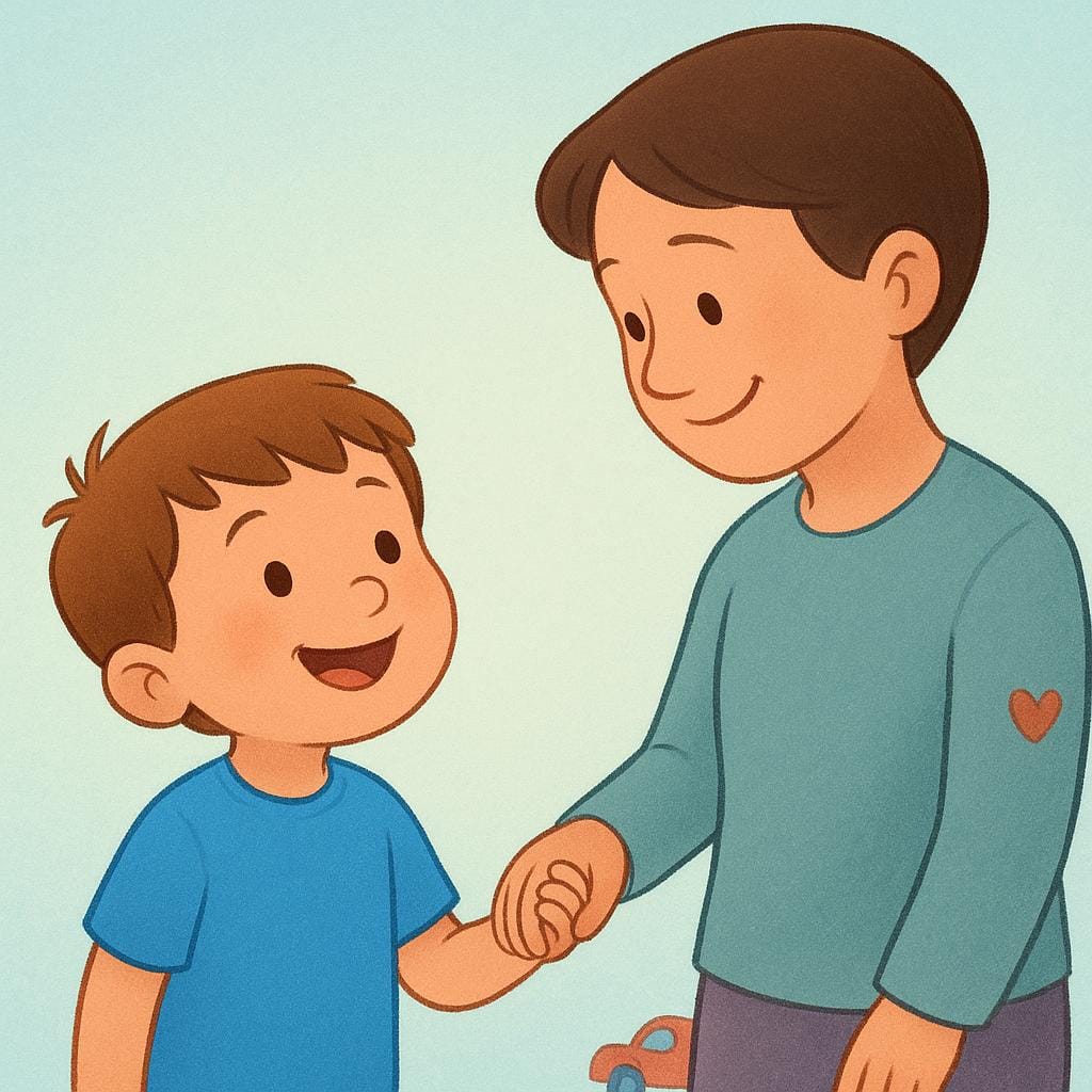 Een vrolijke jonge jongen, die de neef voorstelt, houdt een volwassen familielid, de tante of oom, bij de hand en lacht naar hem/haar.