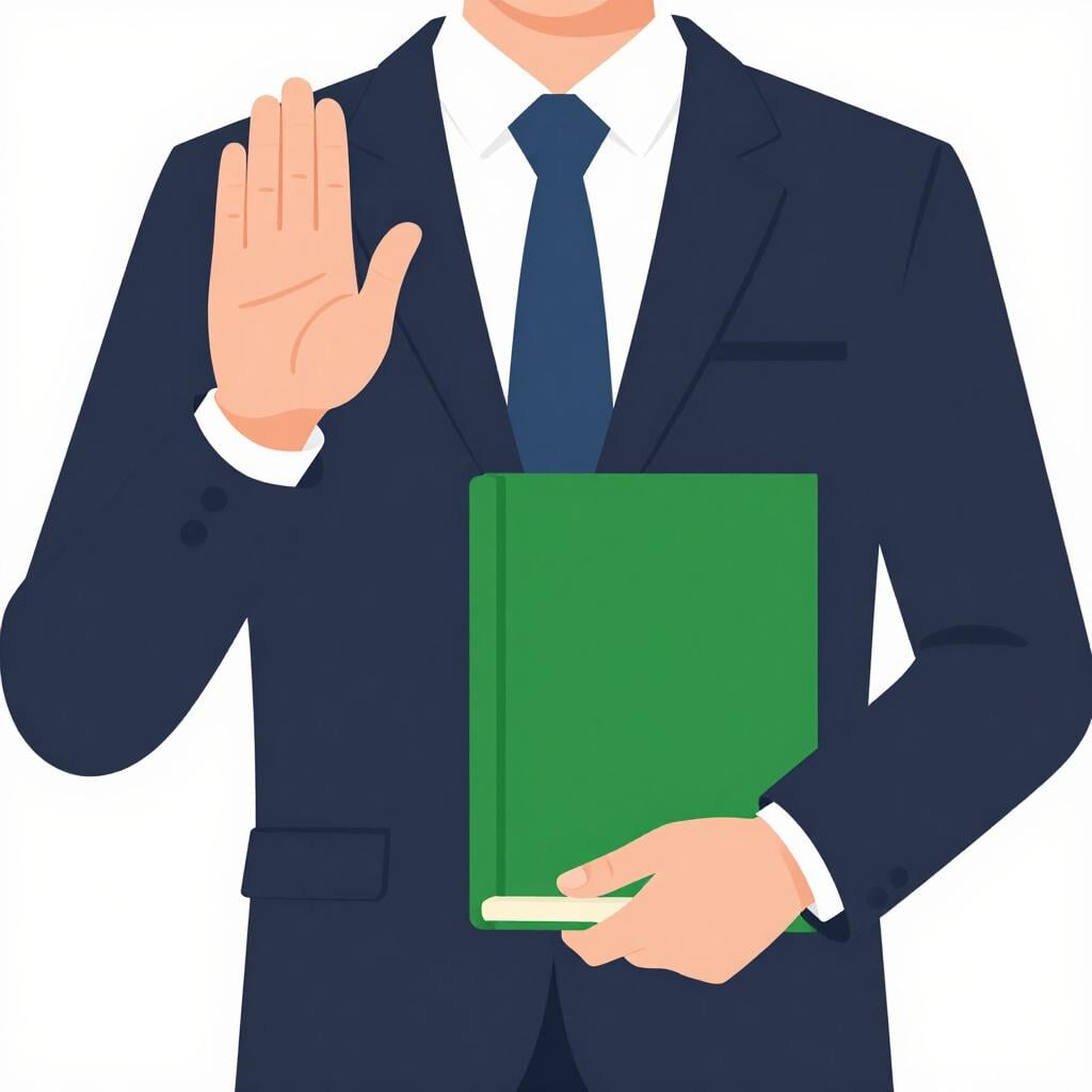 Eine Person steht mit erhobener Hand und der anderen auf einem Buch während einer feierlichen Zeremonie.