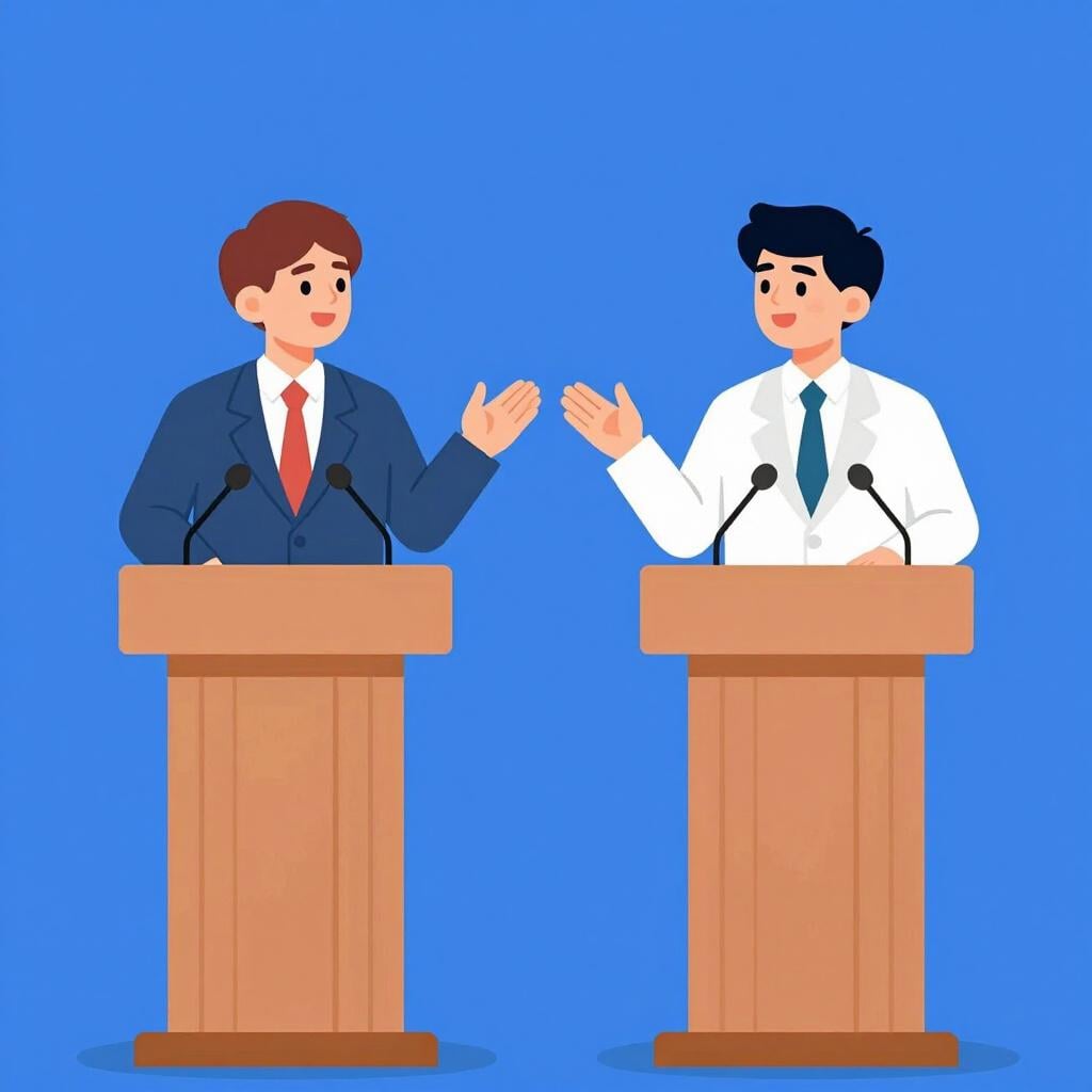 Two people standing at podiums facing each other in a respectful discussion.