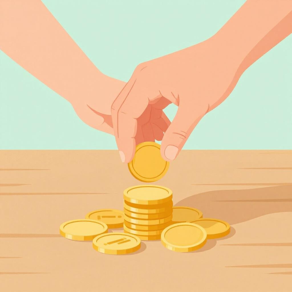 Uma mão retirando uma única moeda de ouro de uma pequena pilha de moedas.