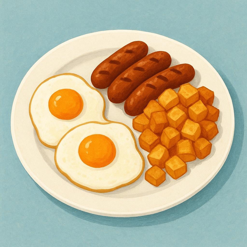 A white plate holding a mixed assortment of fried foods, including fried eggs, sausages, and fried potatoes.