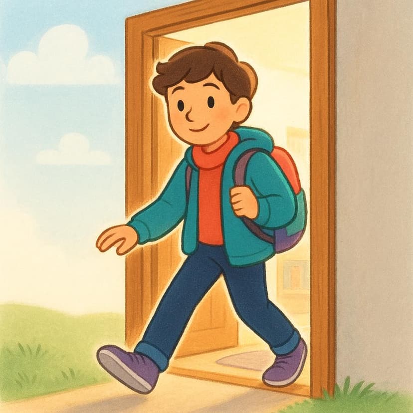 A young person is stepping across the threshold of a brightly lit wooden doorway, clearly moving from outside to inside a room.