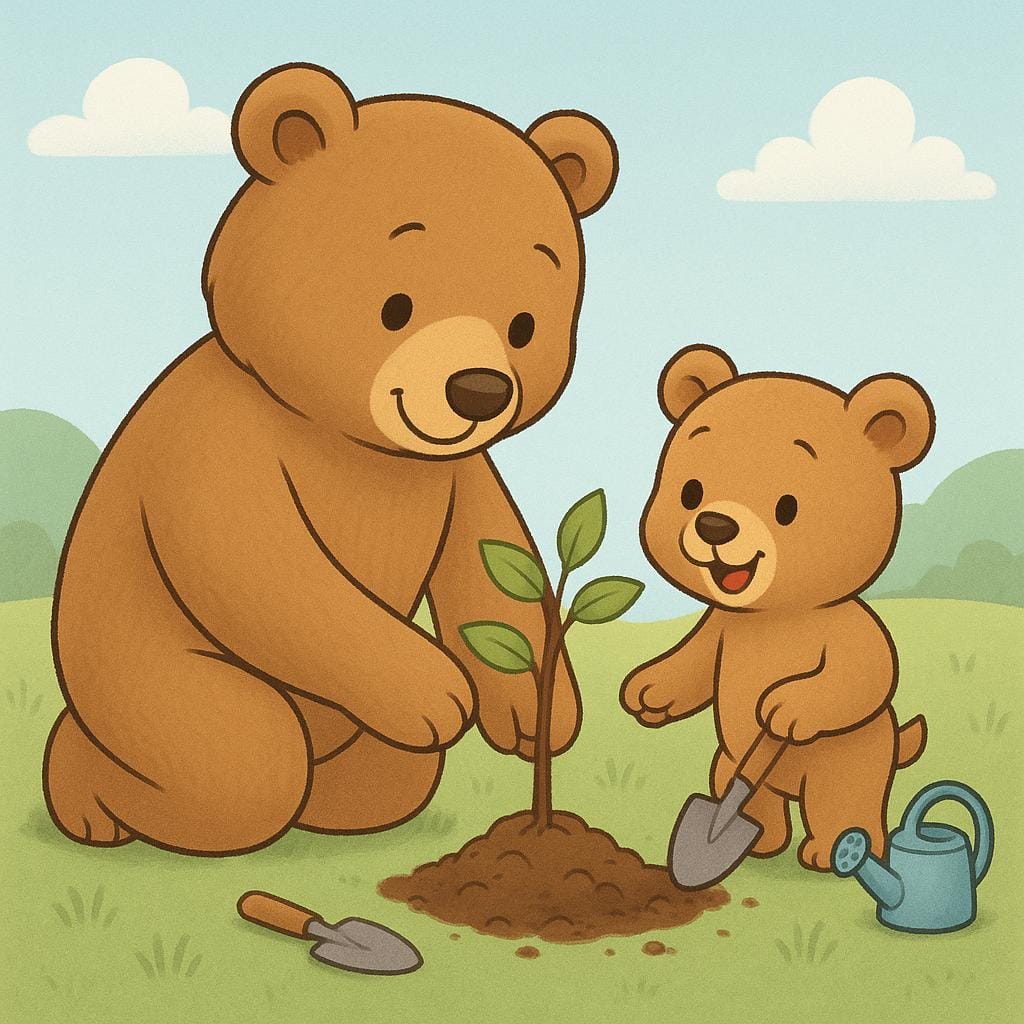 A friendly adult bear is carefully planting a small sapling, while a smaller bear cub stands beside it and mimics the planting action with a tiny shovel, demonstrating a standard of behavior being imitated.