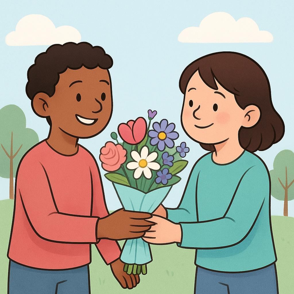A smiling character politely presenting a bouquet of colorful flowers to another character who is happily receiving them, demonstrating kind treatment.