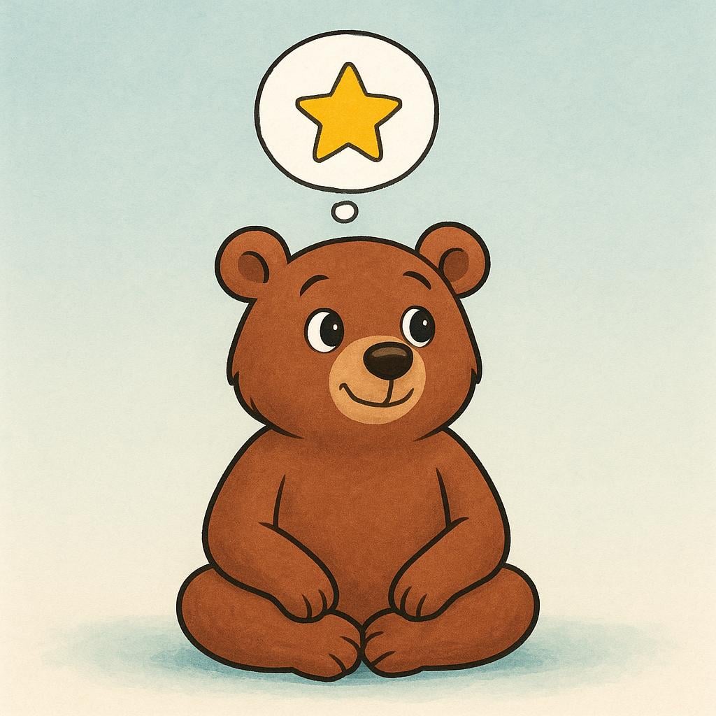 A friendly cartoon bear sitting cross-legged, looking thoughtfully into the distance. A simple thought bubble floats above its head containing a bright yellow star, symbolizing hypothetical thinking.