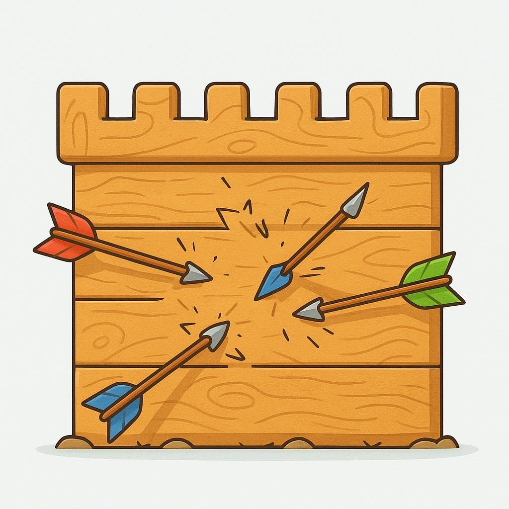 A simple wooden castle wall being struck by three bright, cartoon-style arrows.