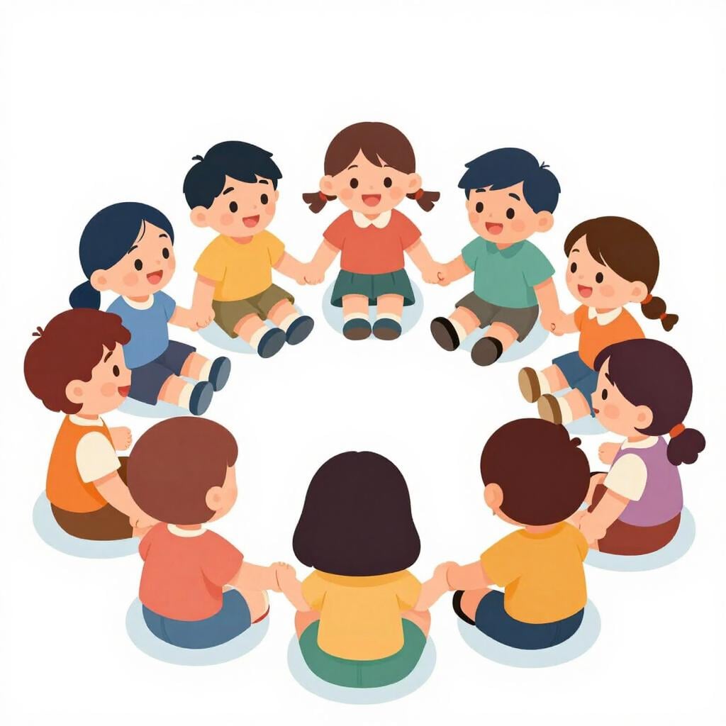 Um grupo de crianças diversas sentadas em círculo, de mãos dadas e sorrindo umas para as outras.