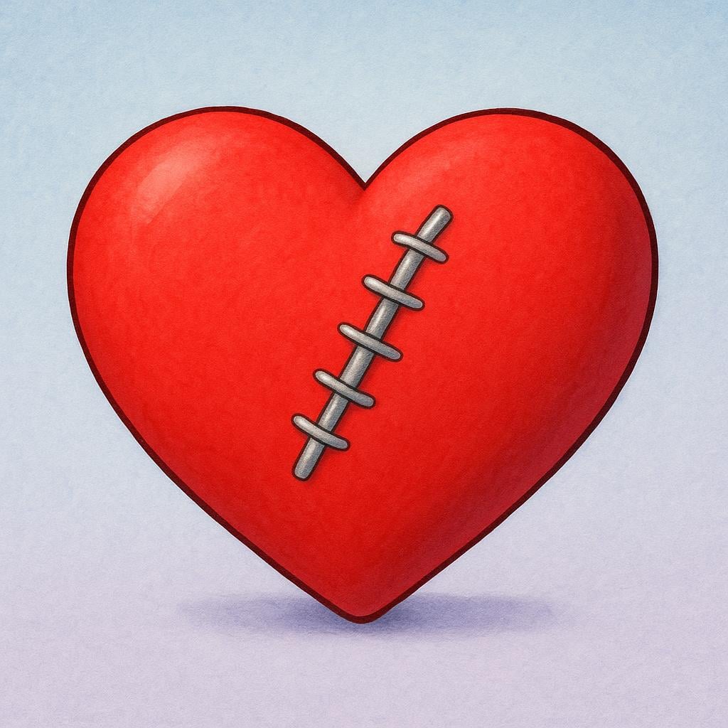 A stylized red heart showing a simple, visible, healed line across its surface, representing a mended injury.