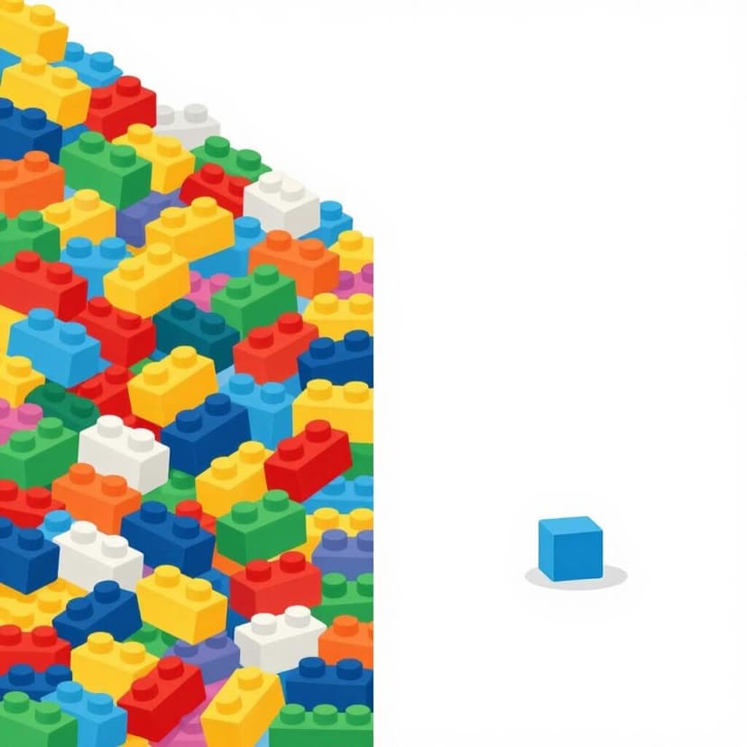 A large pile of colorful building blocks being reduced to a single, tiny block.