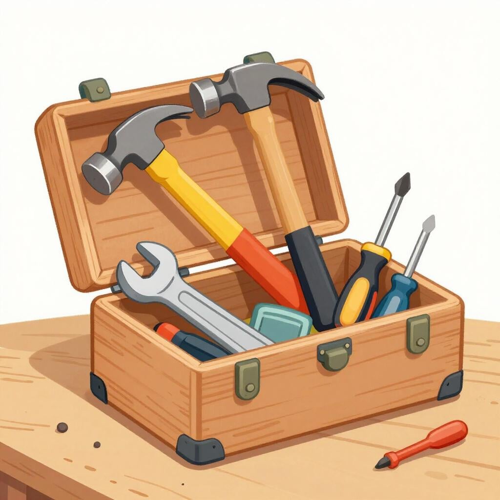 Une boîte à outils en bois remplie de divers outils à main colorés comme un marteau, une clé et un tournevis.