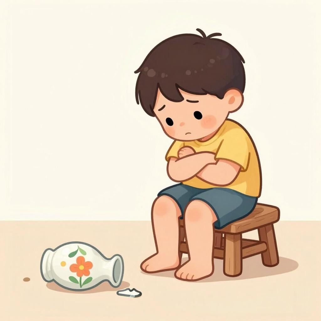 A small child sitting on a stool with their head down and shoulders slumped, looking sad after breaking a vase.