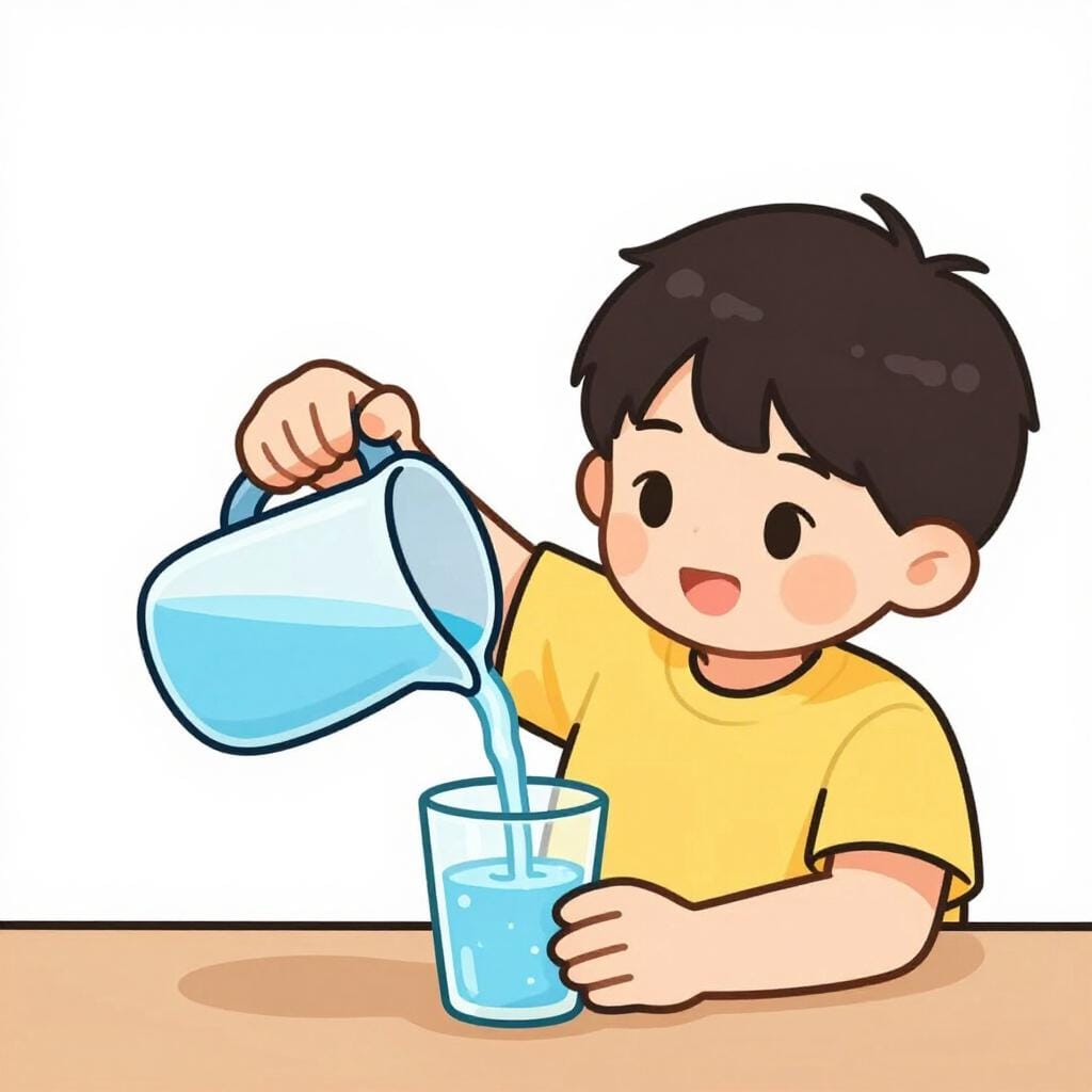 A child carefully and slowly pouring water into a glass, focusing intently on the task to avoid spilling a single drop.
