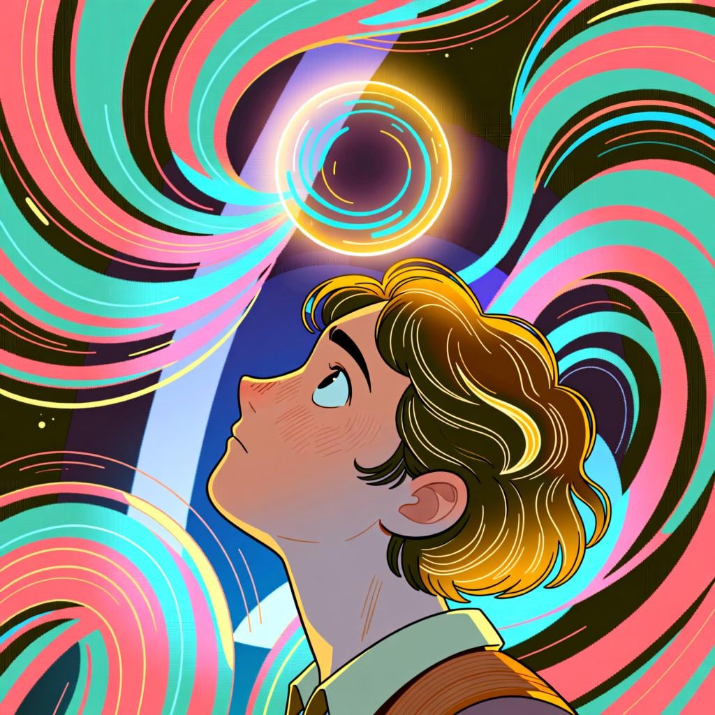 A person looking thoughtfully as abstract, confusing shapes resolve into one clear, illuminated concept above their head.