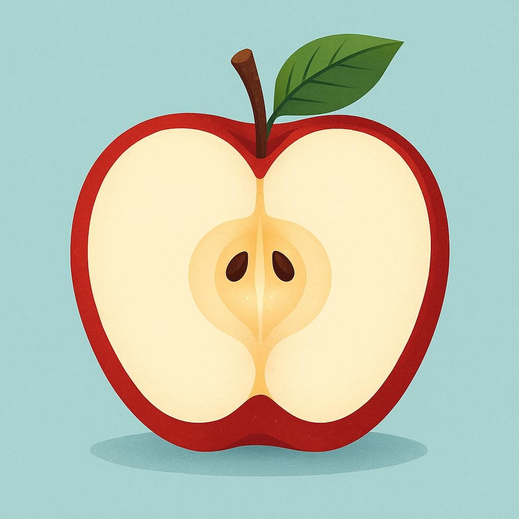 A simplified illustration of a vibrant red apple cut in half, showing a small, glowing core at its center, symbolizing its fundamental nature.