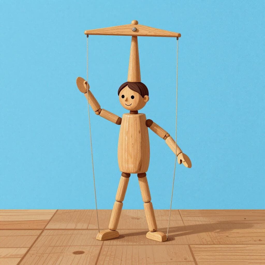 Een houten pop met touwtjes aan de ledematen, staand op een klein podium.