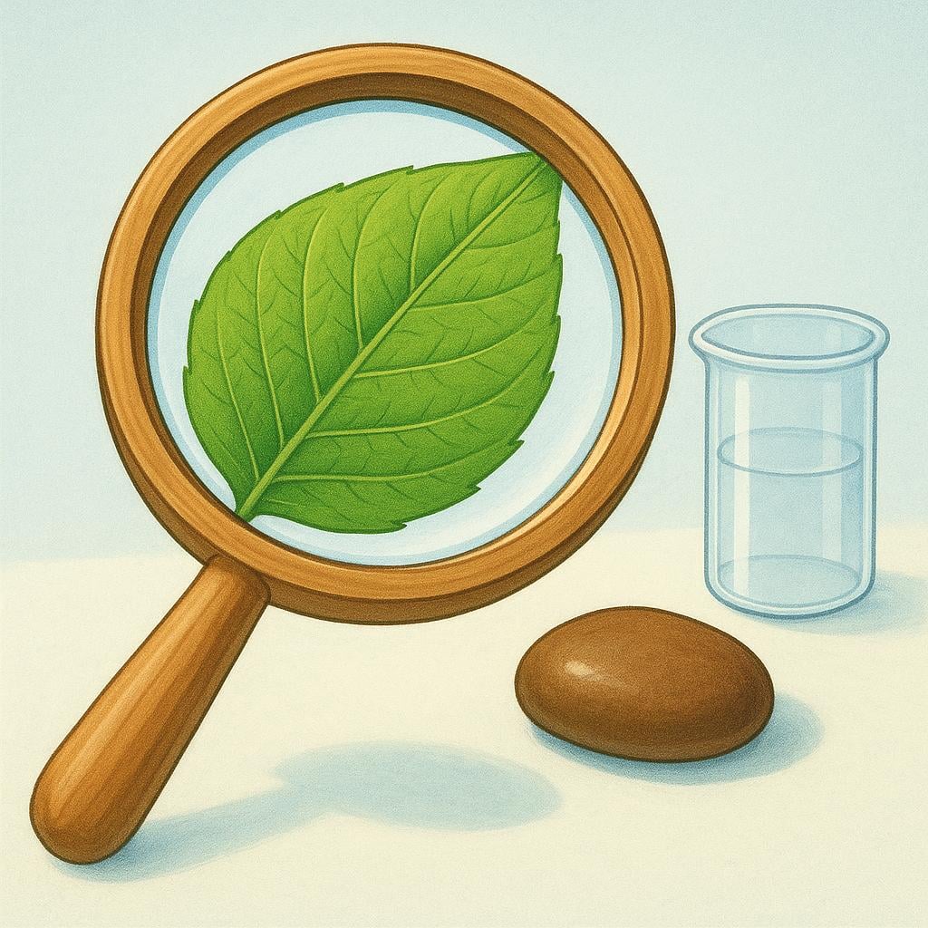 A wooden desk setup showing a large magnifying glass hovering over a detailed green leaf, next to a simple clear glass beaker and a smooth river stone.