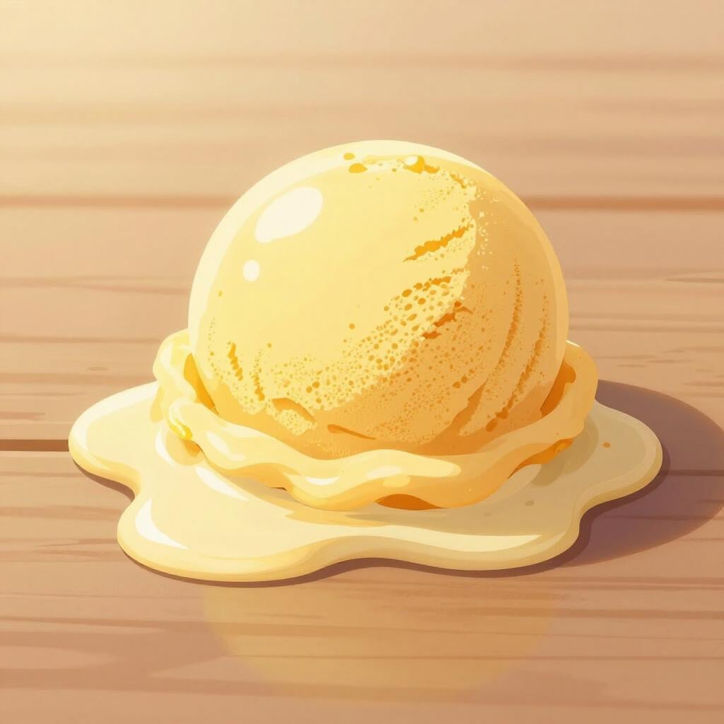 A yellow ice cream scoop on a wooden table slowly turning into a liquid puddle under a bright sun.