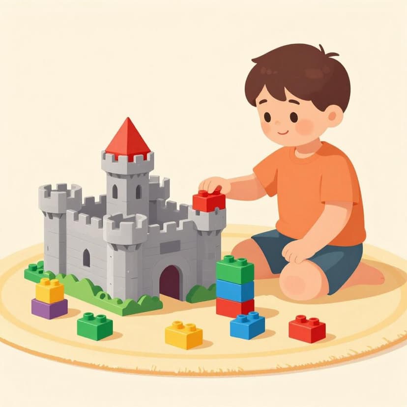 A child building a small model of a famous castle out of colorful plastic blocks.