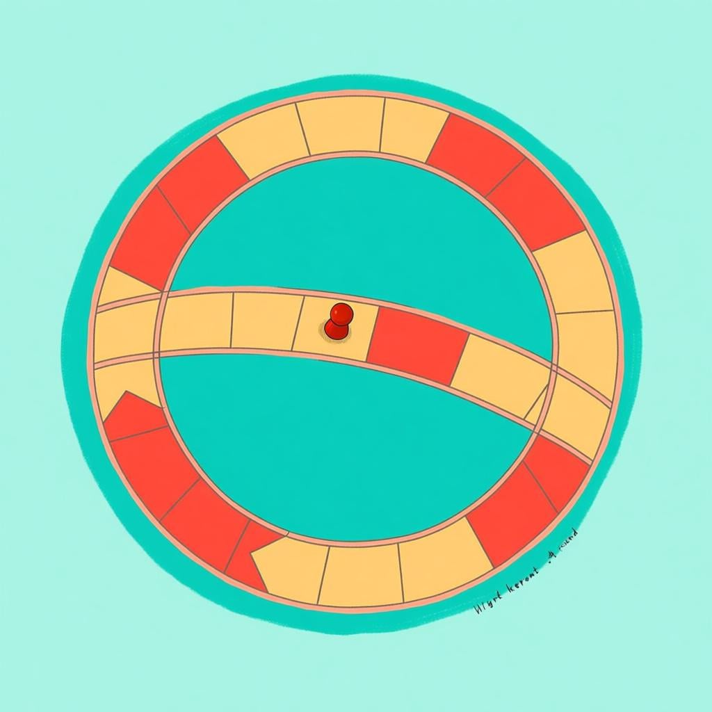 A colorful, circular board game track with a single game piece placed on it, representing a round or turn in a game.