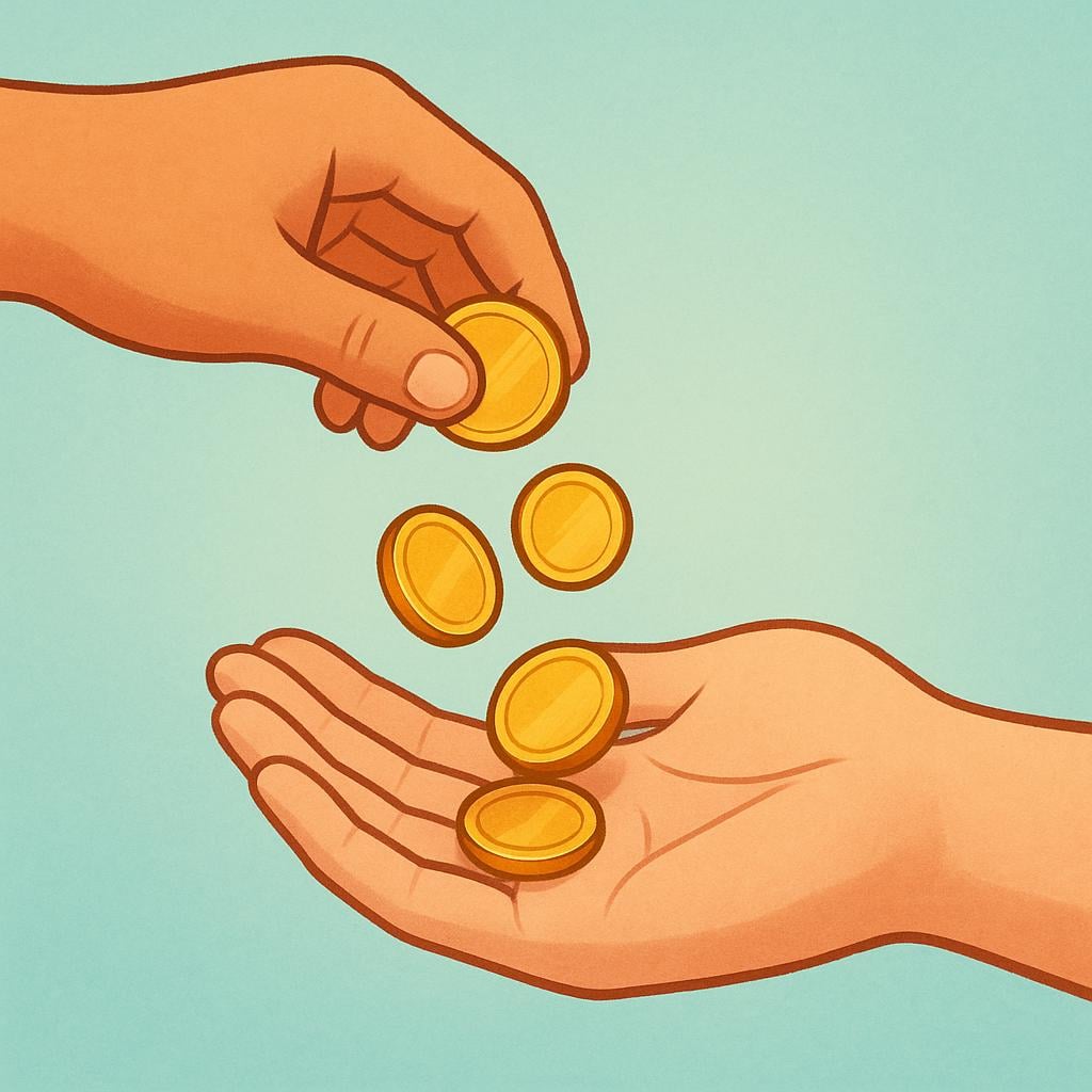 Two stylized hands exchanging money. One hand is dropping a few gold coins into the open palm of the second hand, illustrating the action of payment being completed.