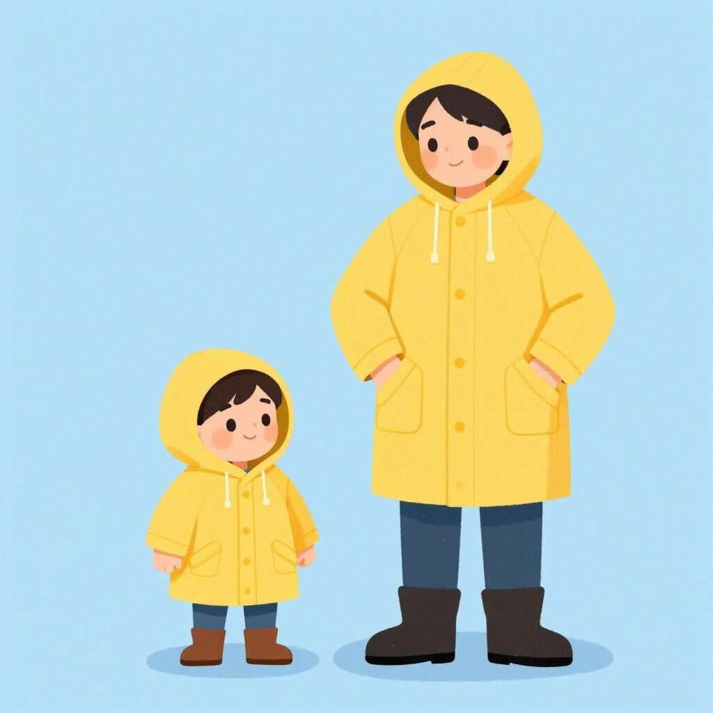 A small child dressed in a large coat and hat, imitating the pose of an adult standing next to them.