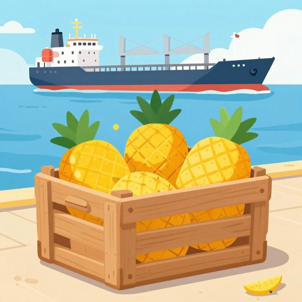 A wooden crate with a colorful tropical fruit inside, sitting on a wooden dock with a large ship in the distance.