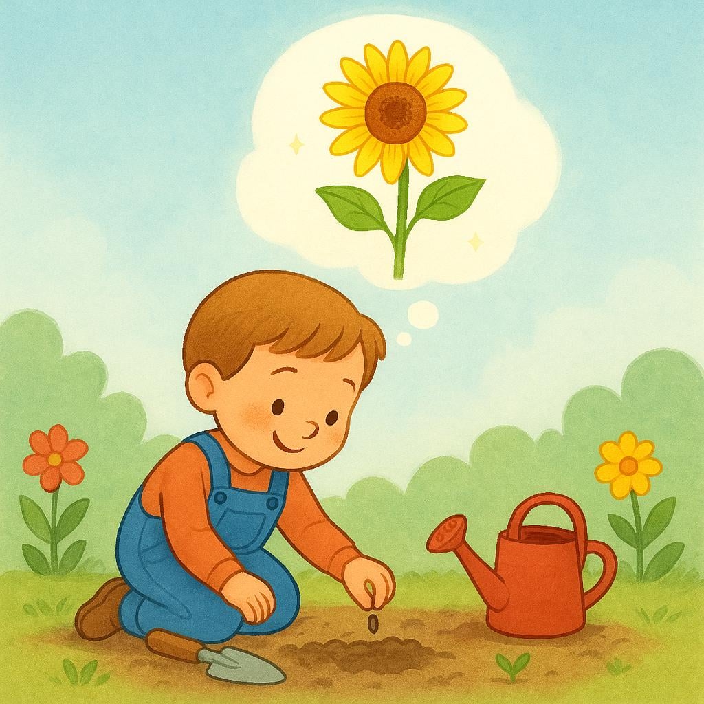 A small child planting a seed in a garden and looking up with a hopeful smile, imagining a giant sunflower.