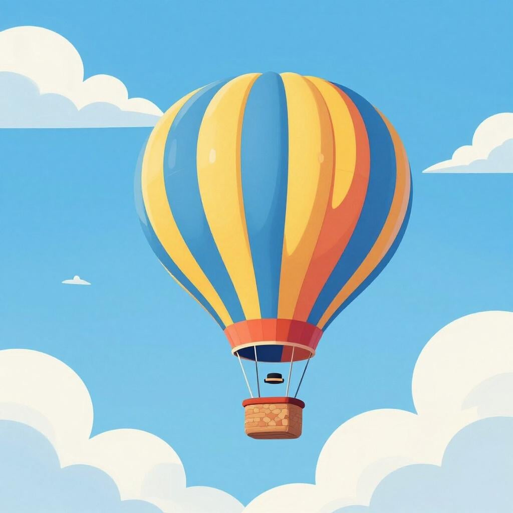 A colorful hot air balloon drifting across a clear blue sky with fluffy clouds.