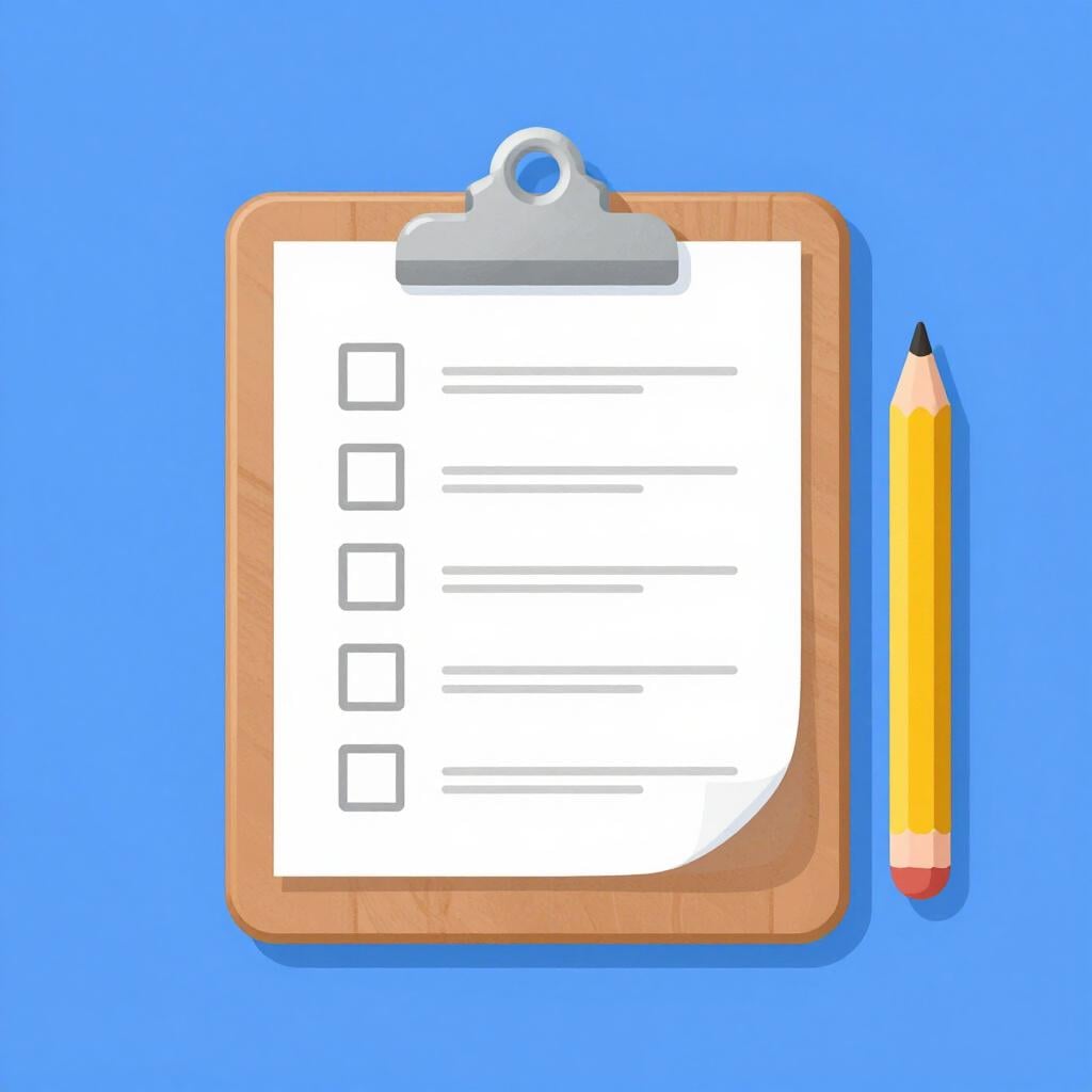 A colorful storybook illustration of a clipboard with a checklist and a pencil.