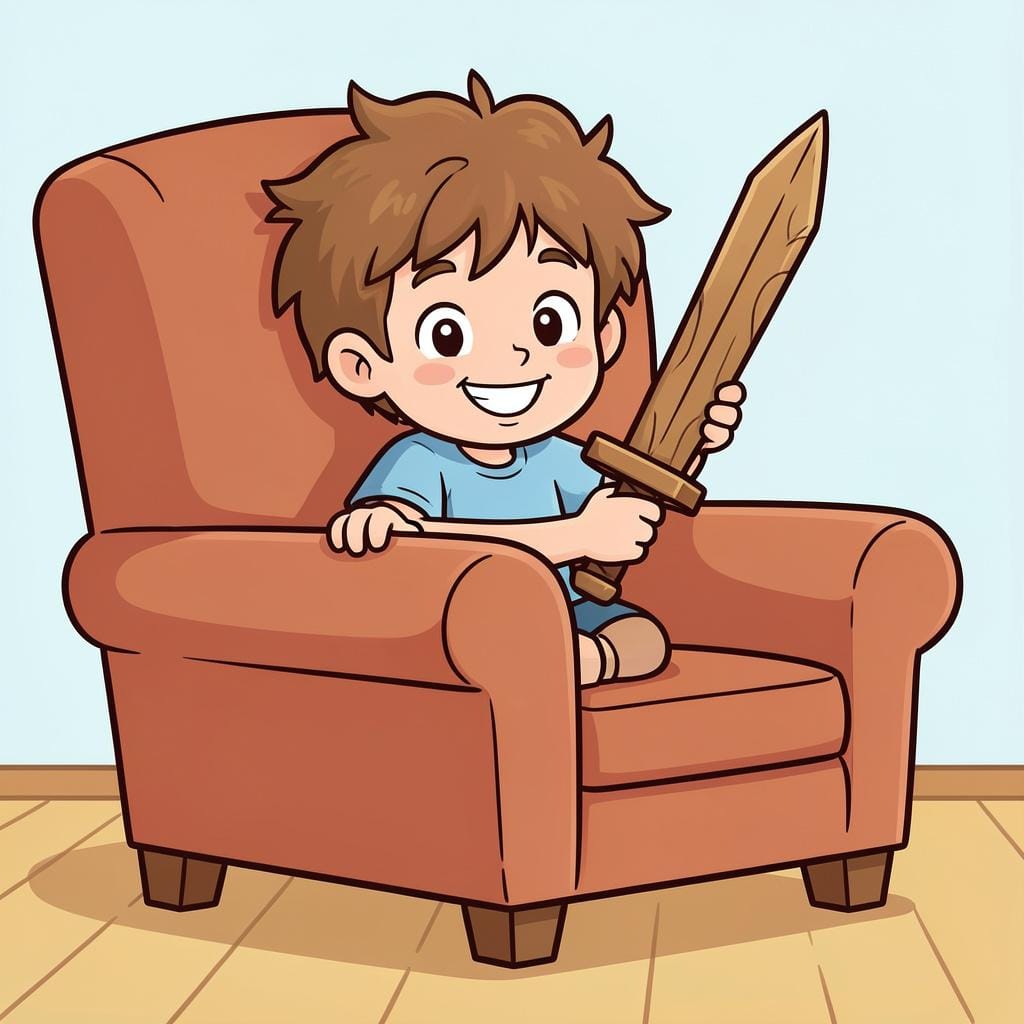 A mischievous child hiding behind a chair with a playful grin.