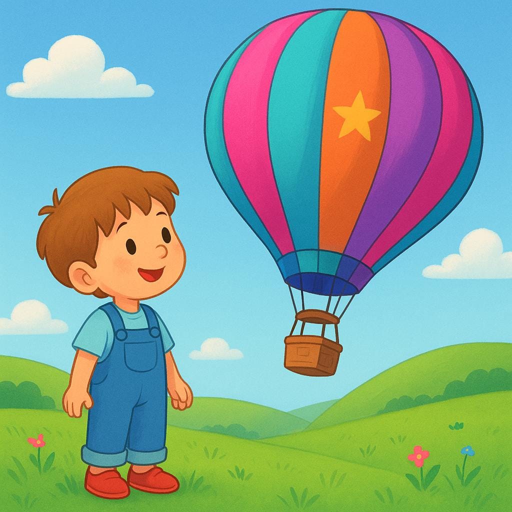 A happy child standing in a green field, watching a massive, brightly colored hot air balloon gently descend, representing a specific memorable event.