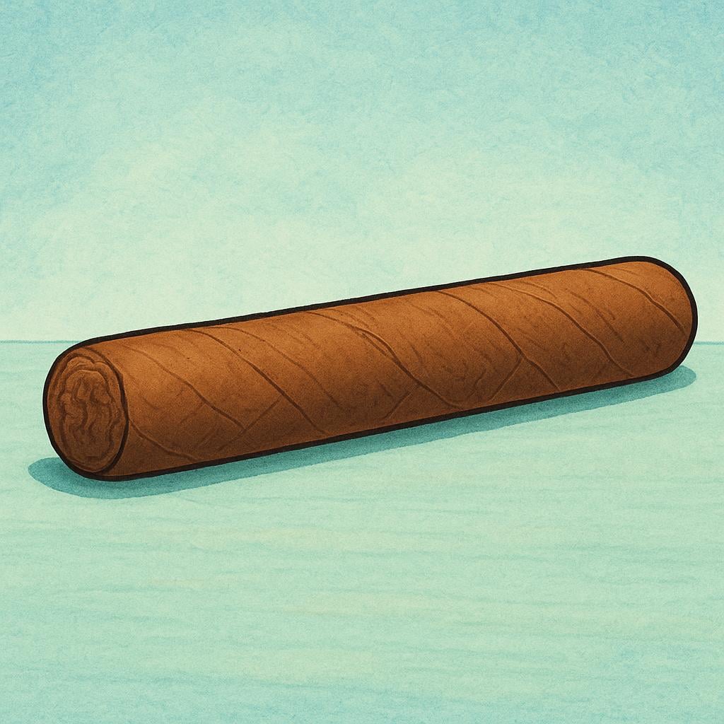 A thick, brown, unlit cigar resting horizontally on a simple surface.