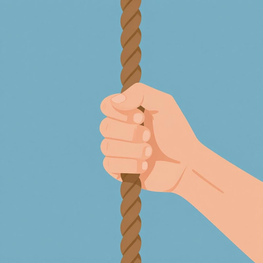 Uma ilustração em close-up de uma mão segurando firmemente uma corda grossa.