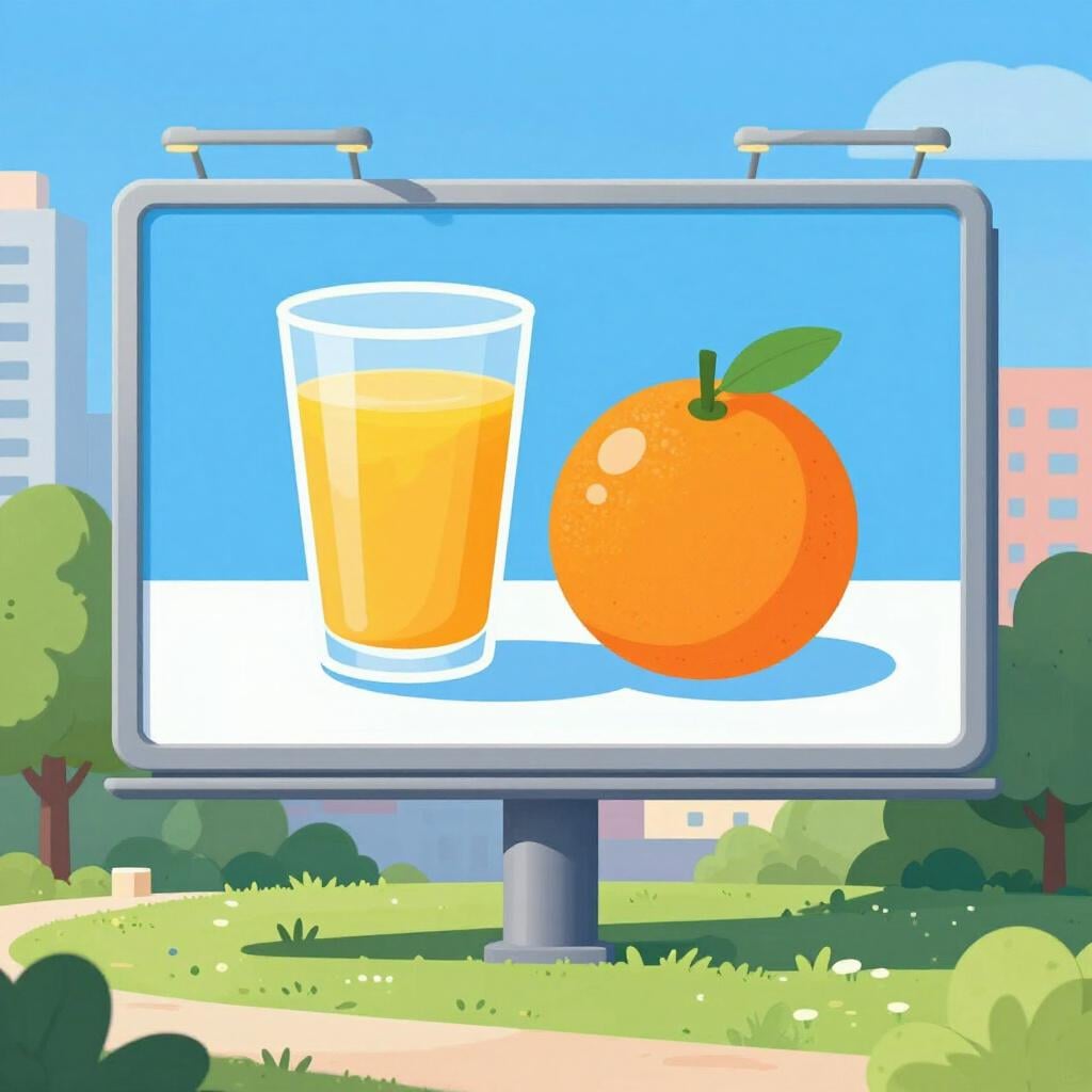 A colorful billboard on a city street showing a refreshing glass of orange juice next to a bright orange fruit.